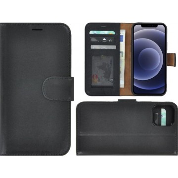 iPhone 12 hoesje - Bookcase - Portemonnee Hoes Echt leer Wallet case Zwart