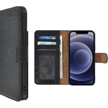 Iphone 12 Pro Max Hoesje - Bookcase - Iphone 12 Pro Max Book Case Wallet Echt Leder Croco Zwart Cover