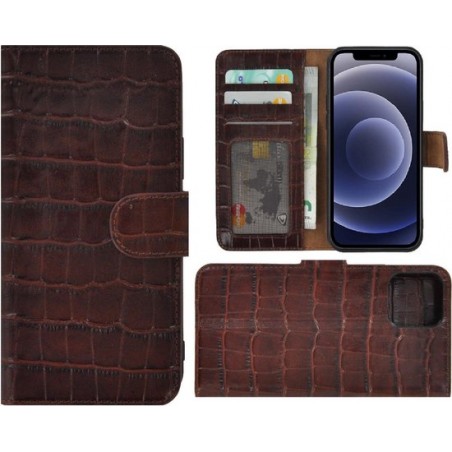 Iphone 12 Pro Hoesje - Bookcase - Iphone 12 Pro Book Case Wallet Echt Leder Croco Bruin Cover