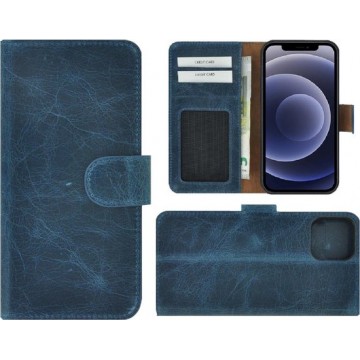 Iphone 12 Mini Hoesje - Bookcase - Iphone 12 Mini Book Case Wallet Echt Leder Hoesje Denimblauw Cover