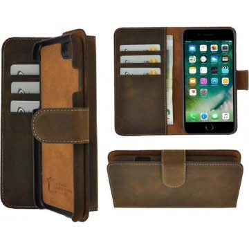 iPhone 7 Plus hoesje - iPhone 8 Plus hoesje - iPhone 6 Plus - Bookcase - Portemonnee Hoesje Echt leer Wallet case Antiek Bruin