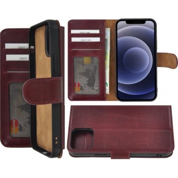 Iphone 12 Mini Hoesje - Bookcase - Iphone 12 Mini Hoesje Portemonnee wallet Echt Leder Bordeaux Rood Cover
