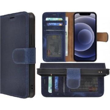 Iphone 12 Hoesje - Bookcase - iPhone 12 Book Case Wallet Echt Leder Hoesje Denimblauw Cover