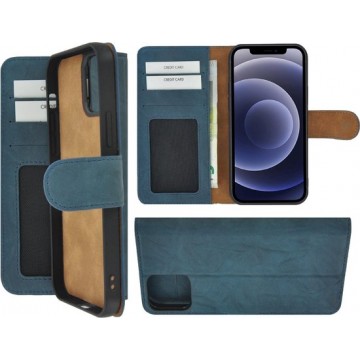 Iphone 12 Hoesje - Bookcase - Iphone 12 Hoesje Portemonnee wallet Echt Leder Washed Turquoise Cover