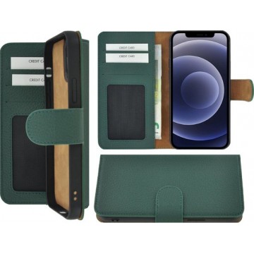 Iphone 12 Mini Hoesje - Bookcase - Iphone 12 Mini Hoesje Portemonnee wallet Echt Leder Dennen Groen Cover