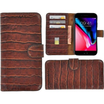 Apple iPhone 8 hoesje Cover Wallet Bookcase Pearlycase Echt Leder hoes Croco Bruin