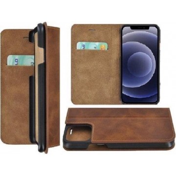 iPhone 12 Mini hoesje - Bookcase - Portemonnee Hoes Ultra dun Echt leer Wallet case Cognac Bruin