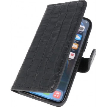Krokodil Handmade Leer Booktype Hoesje - Wallet Cases Portemonnee - Lederen Telefoonhoesje -  iPhone 12 -  iPhone 12 Pro - Zwart