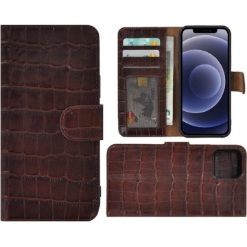 Iphone 12 Pro Max Hoesje - Bookcase - Iphone 12 Pro Max Wallet Book Case Echt Leder Croco Bruin Cover
