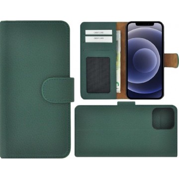 Iphone 12 Mini Hoesje - Bookcase - Iphone 12 Mini Book Case Wallet Echt Leder Dennengroen Cover