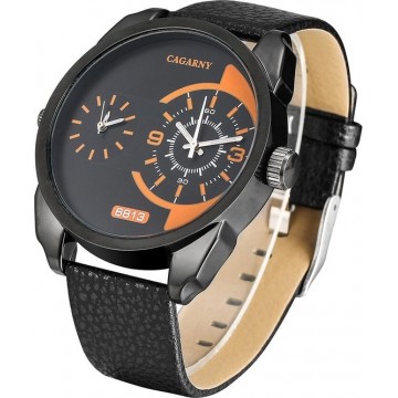 CAGARNY 6813 Fashionable  Dual Clock Quartz Business Wrist Watch met lederen Band voor Men(Black hoesje zwart Band)