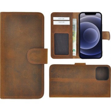 Iphone 12 Pro Max Hoesje - Bookcase - Iphone 12 Pro Max Book Case Wallet Echt Leder Antiek Bruin Cover
