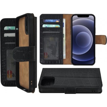 Iphone 12 Hoesje - Bookcase - Iphone 12 Book Case Wallet Echt Leder Croco Zwart Cover