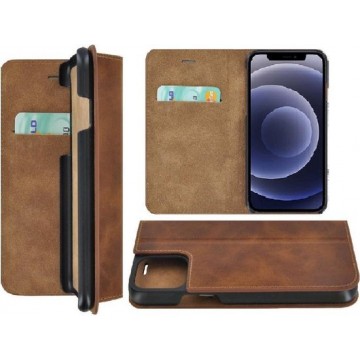 iPhone 12 hoesje - Bookcase - Portemonnee Hoes Ultra dun Echt leer Wallet case Cognac Bruin