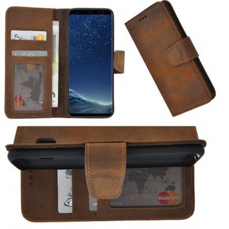 Samsung Galaxy S8 hoes Echt Leder Cover Antiek Bruin Bookcase Hoesje Pearlycase