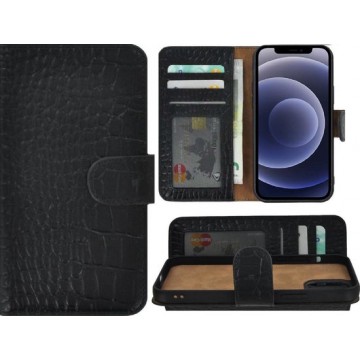 Iphone 12 Mini Hoesje - Bookcase - Iphone 12 Mini Book Case Wallet Echt Leder Croco Zwart Cover
