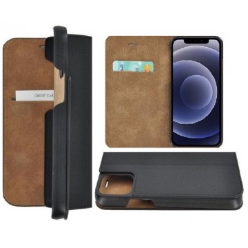 iPhone 12 Pro hoesje - Bookcase - Portemonnee Hoes Ultra dun Echt leer Wallet case Zwart