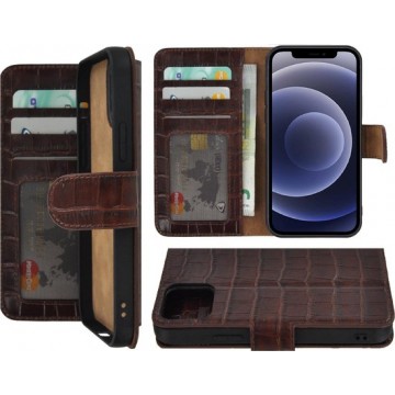 Iphone 12 Pro Max Hoesje - Bookcase - Iphone 12 Pro Max Hoesje Book Case Wallet Echt Leder Croco Bruin Cover