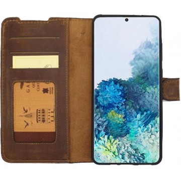 GALATA® Echte lederen book wallet ID Samsung Galaxy S20 - Antiek Bruin