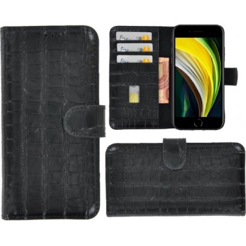 iPhone SE 2020 hoesje - Bookcase - Poremonnee Cover Wallet case Echt Leer Croco Zwart