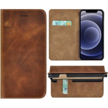 iPhone 12 Mini hoesje - Leer Bookcase - Portemonnee Hoes Ultra dun Echt leer Wallet case Cognac Bruin