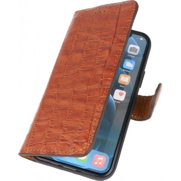 Krokodil Handmade Leer Booktype Hoesje - Wallet Cases Portemonnee - Lederen Telefoonhoesje -  iPhone 12 -  iPhone 12 Pro - Bruin