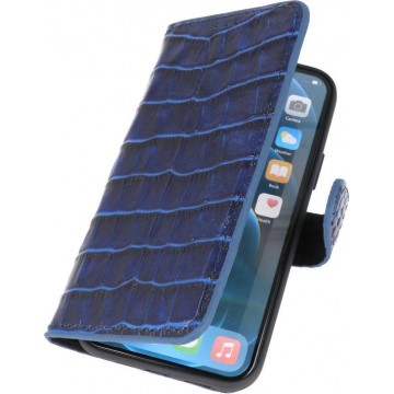 Krokodil Handmade Leer Booktype Hoesje - Wallet Cases Portemonnee - Lederen Telefoonhoesje -  iPhone 12 -  iPhone 12 Pro - Blauw