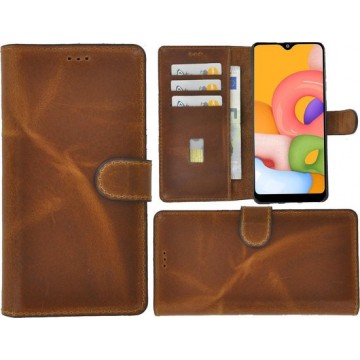 Samsung Galaxy A10s - Bookcase - Portemonnee Hoes Echt leer Wallet case Cognac Bruin