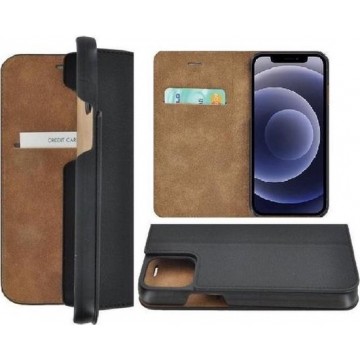 iPhone 12 Mini hoesje - Bookcase - Portemonnee Hoes Ultra dun Echt leer Wallet case Zwart