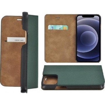 iPhone 12 Mini hoesje - Bookcase - Portemonnee Hoes Ultra dun Echt leer Wallet case Dennengroen