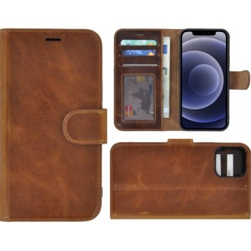 iPhone 12 Mini hoesje - Bookcase - Portemonnee Hoes Echt leer Wallet case Cognac Bruin