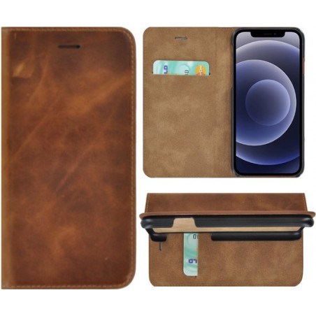 iPhone 12 Pro Max hoesje - Bookcase - Portemonnee Hoes Ultra dun Echt leer Wallet case Cognac Bruin