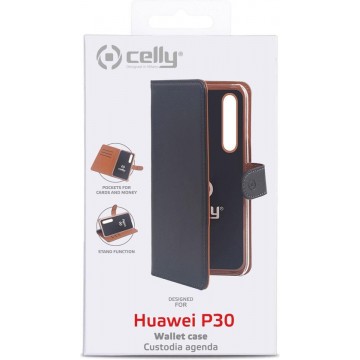 Celly - Huawei P30 Wally Bookcase Black - Openklap Hoesje Huawei P30  - Huawei Case Black