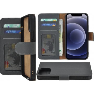 Iphone 12 Mini Hoesje - Bookcase - Iphone 12 Mini Book Case Wallet Echt Leder Hoesje Grijs Cover