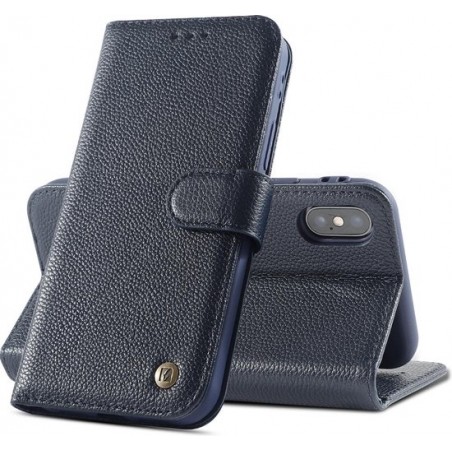 Echt Lederen Hoesje - Book Case Telefoonhoesje - Echt Leren Portemonnee Wallet Case - iPhone X - iPhone Xs - Navy