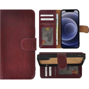 Iphone 12 Pro Hoesje - Bookcase - Iphone 12 Pro Book Case Wallet Echt Leder Bordeaux Rood Cover