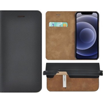 iPhone 12 hoesje - Bookcase - Portemonnee Hoes Ultra dun Echt leer Wallet case Zwart