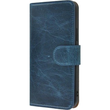 Iphone 12 Mini Hoesje - Bookcase - Iphone 12 Mini Hoesje Portemonnee wallet Echt Leder Denimblauw Cover