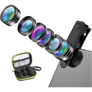 DrPhone APEX 6 in 1 Telefoon Camera Lens Set – Fish Eye Lens – Super Groothoek Lens – Macro Lens – Star Filter Lens – Zwart