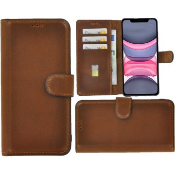 iPhone 11 Pro hoesje - Bookcase - Portemonnee Hoes met venster Echt leer Wallet case Antiek Cognac Bruin