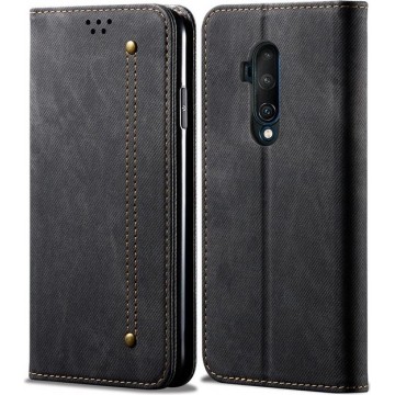 Voor OnePlus 7T Pro Denim Textuur Casual Stijl Horizontaal Flip Leren Case met Houder & Kaartsleuven & Portemonnee (Zwart)