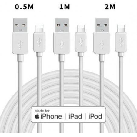 NÖRDIC LGNG-N1006, 3-pack USB naar Apple Lightning kabel MFi, 50cm + 1m + 2m, wit