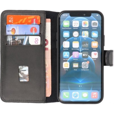 Handmade Leer Hoesje - Wallet Cases Portemonnee - Lederen Telefoonhoesje -  iPhone 12 -  iPhone 12 Pro - Zwart