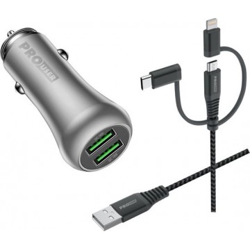 Pro User Set 36W Dual auto USB lader  + 3-in-1 USB-kabel Zilver