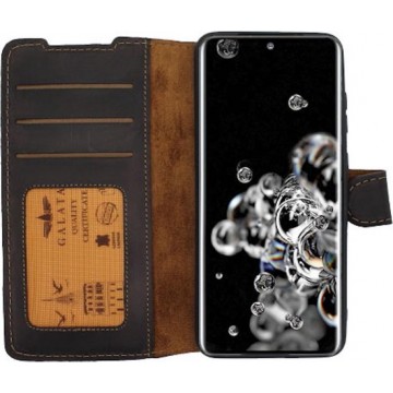 GALATA Echt leer bookcase wallet Samsung Galaxy S20 Ultra hoesje kaartsleuven - handarbeid door ambachtslieden - Mokka Bruin