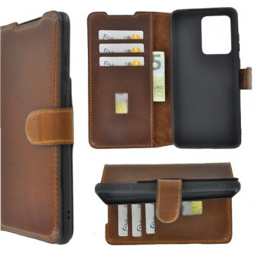 Samsung Galaxy 20 Ultra hoesje - Bookcase - Portemonnee Hoes Echt leer Wallet case Antiek Cognac Bruin