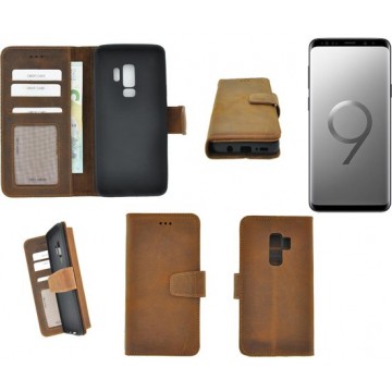 Samsung Galaxy S9 Plus hoesje - Bookcase - Portemonnee Hoes Echt leer Wallet case Antiek Bruin