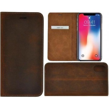 iPhone X/ Xs hoesje echt leer Wallet bookcase met pasjeshouder Antiek donker Bruin Cover