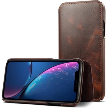 Oil Wax Top-grain koeienhuid horizontaal flip lederen tas voor iPhone XR, met kaartsleuven en portemonnee (bruin)