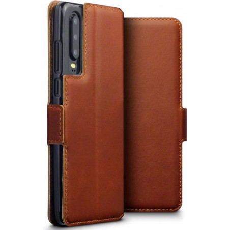 Huawei P30 hoesje, MobyDefend slim-fit echt leren bookcase, Cognac bruin - Telefoonhoesje geschikt voor: Huawei P30